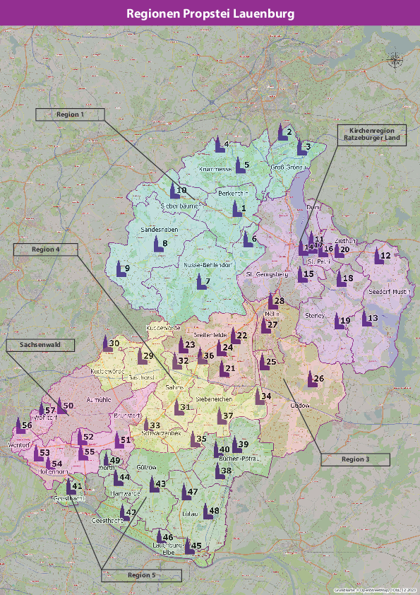 Landkarte Region Propstei Lauenburg - Die Regionen sind in unterschiedlichen Farben abgebildet