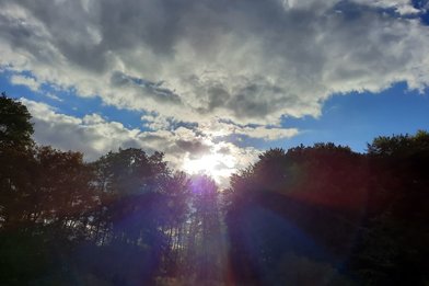 Wolken am Himmel die das Sonnenlicht bündeln und auf den Wald scheinen - Copyright: Susanne Bornholdt